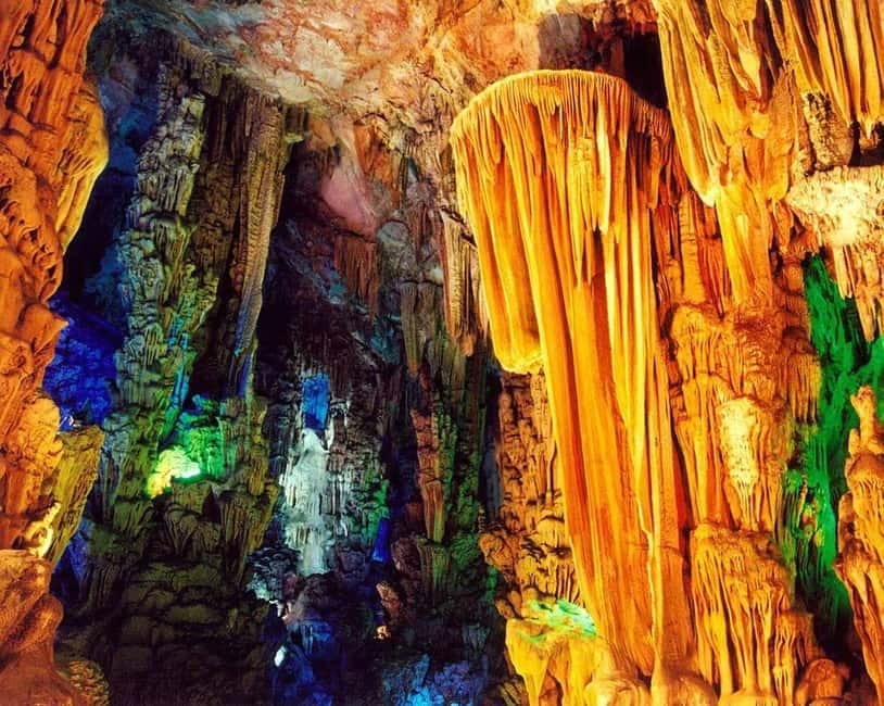 Guilin: 1-Day Cave, Xianggong Hill, Bamboo Boat & Show - Inside Reed Flute Cave after the 20-minute drive